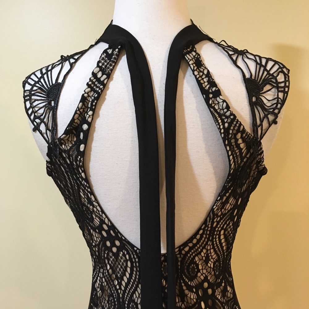 Crochet Lace Open Tie Back Nude Bodycon Dress - Picture 8 of 8